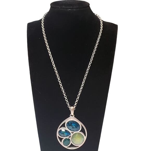 Kenneth Cole Blue & Aqua Modern Abstract Silver Tone Pendant 16" Vtg - Picture 1 of 4